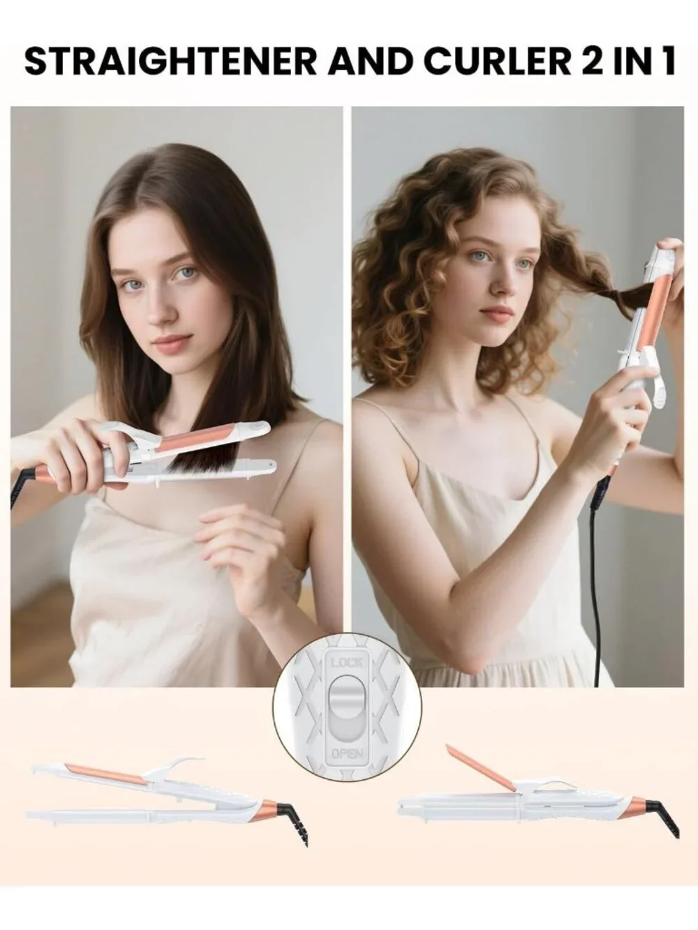 Dual Voltage 2-in-1 Curling Iron & Hair Straightener, Travel-Friendly, 1 Inch